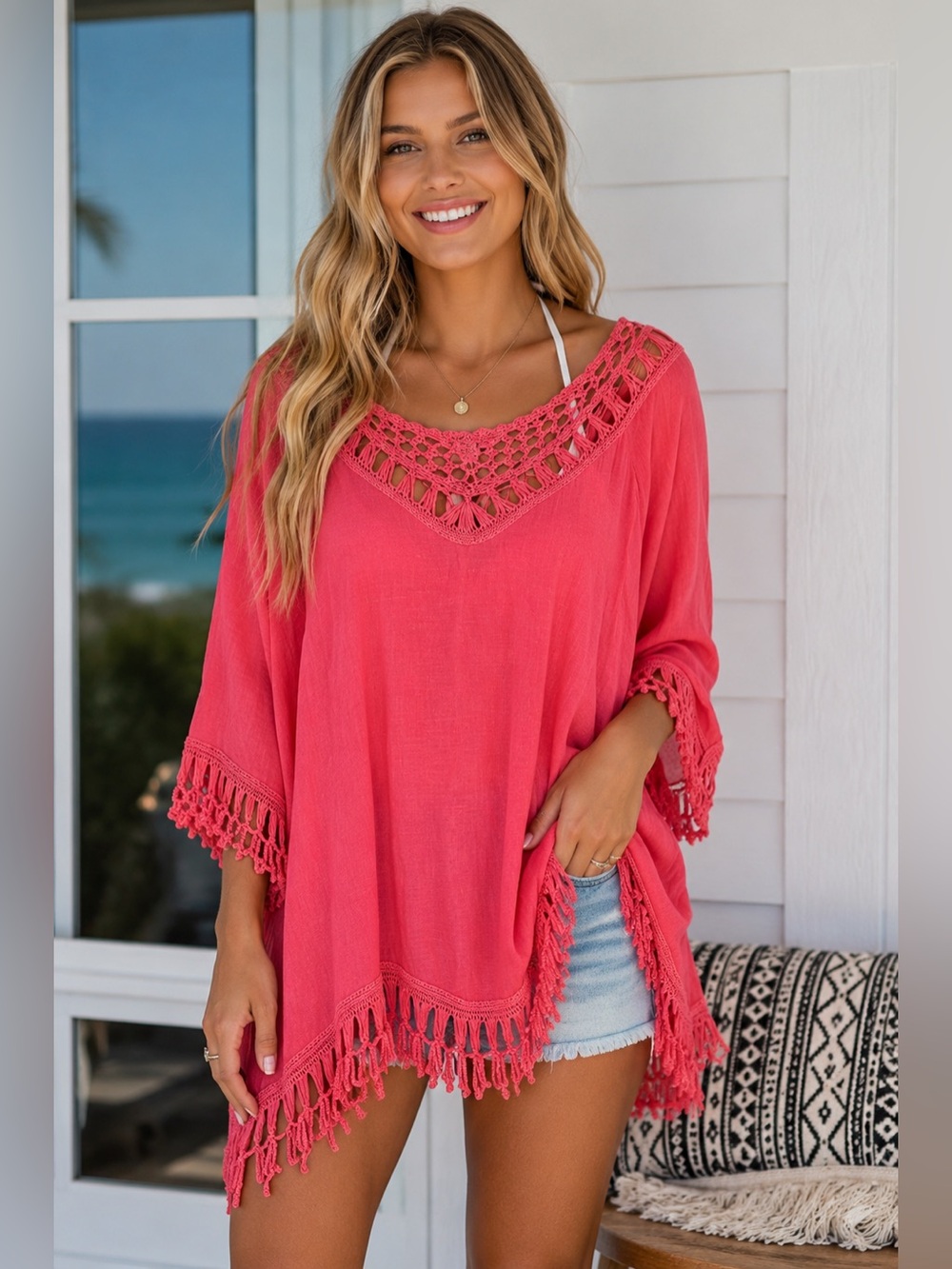 Nygård Coral Crochet Fringe Boho Tunic Cover Up – Large